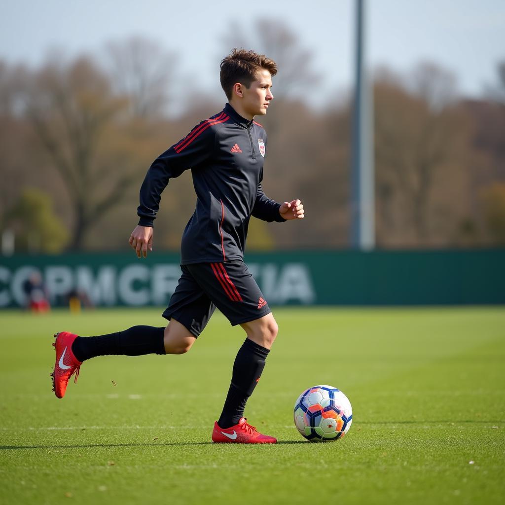 A footballer performing drills on the pitch