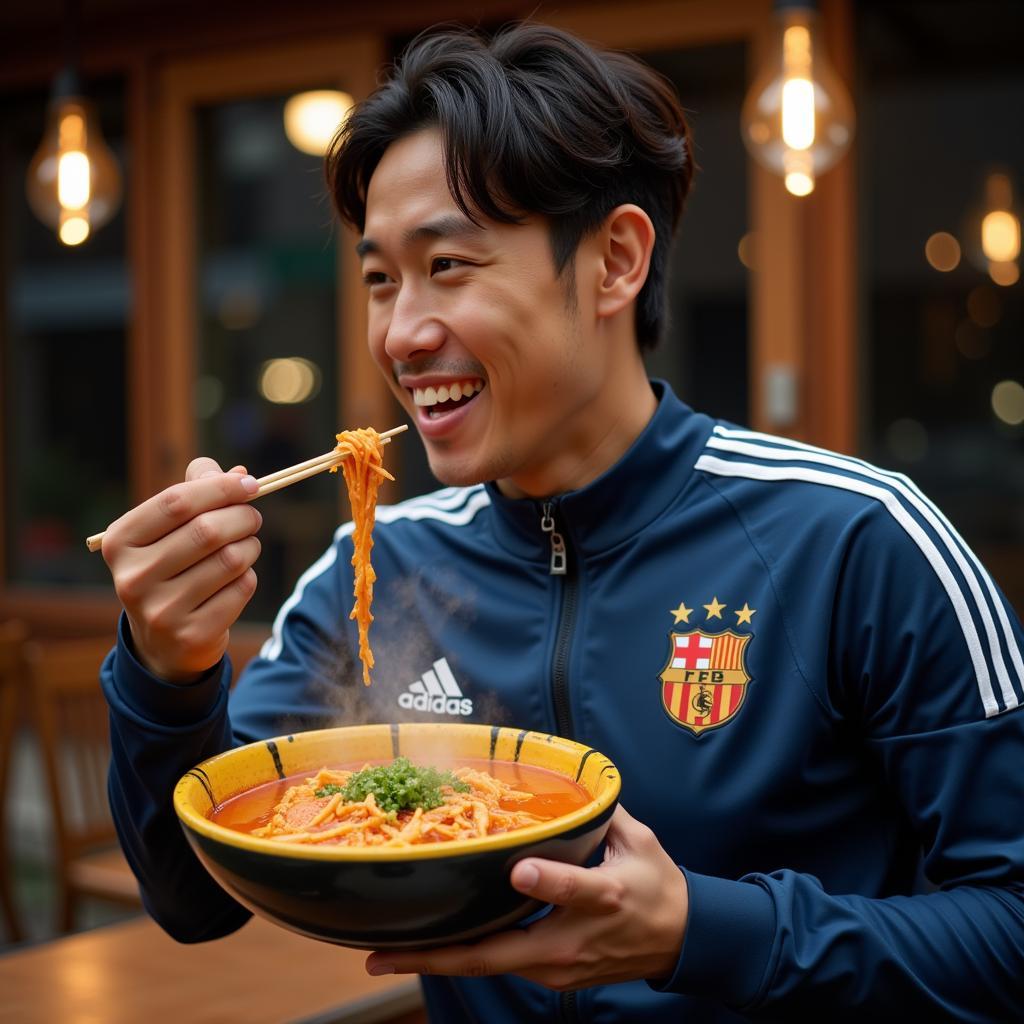 Footballer Enjoying Tteokbokki for Energy