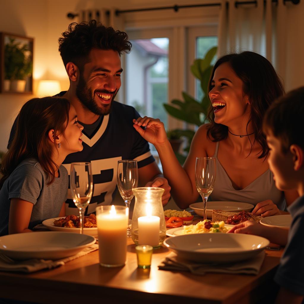 A footballer's wife and children sharing a meal with him