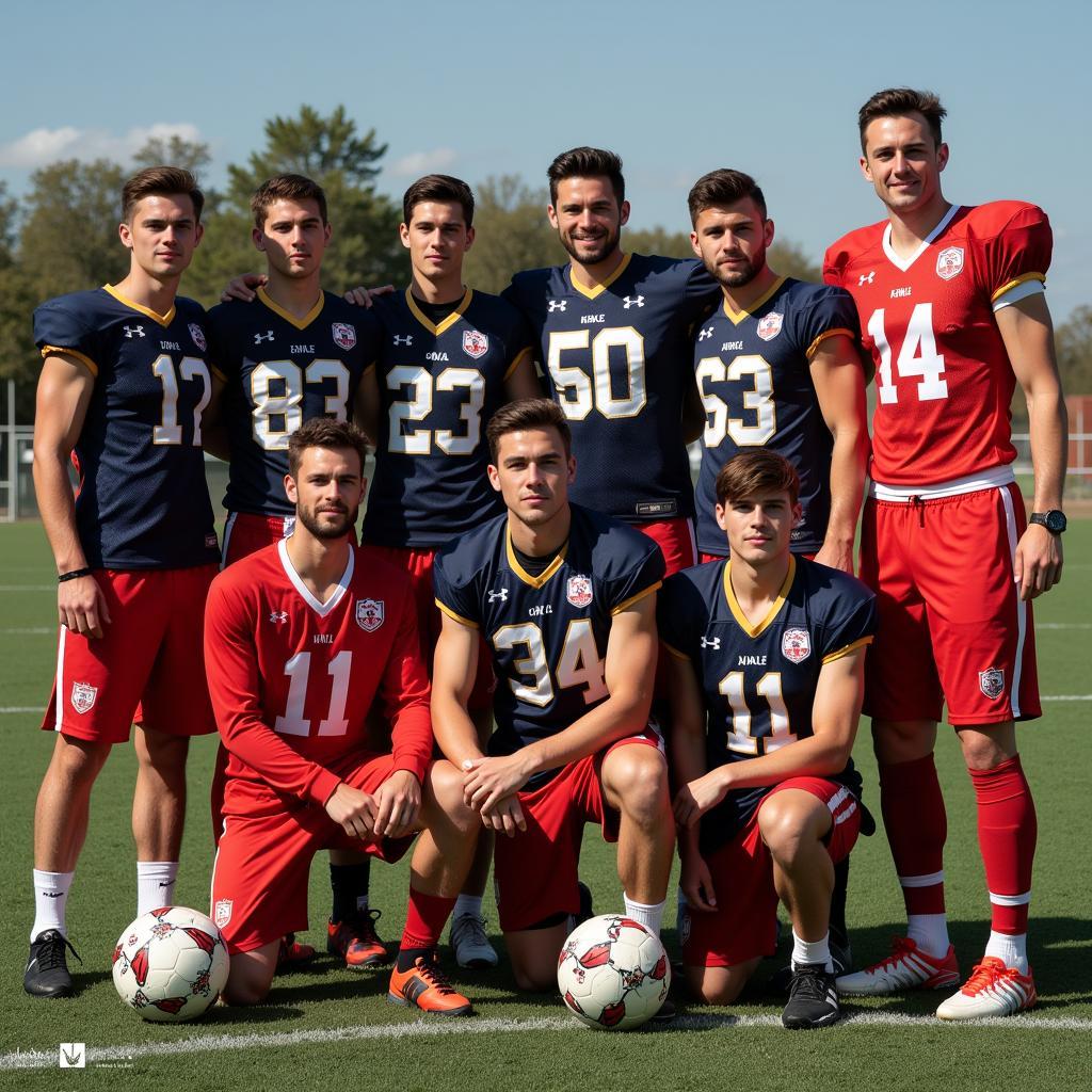 Footballers posing for a social media post