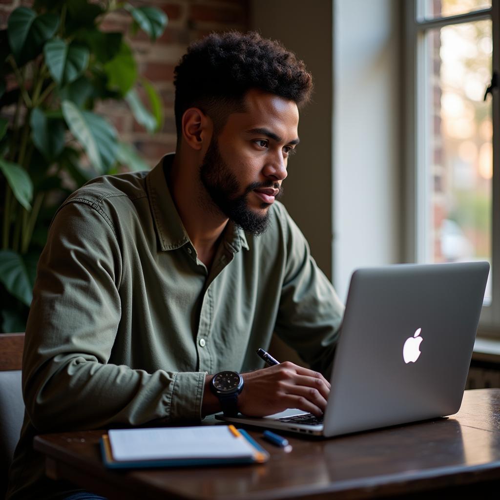 A former footballer sitting in a cafe, focused on his laptop, writing