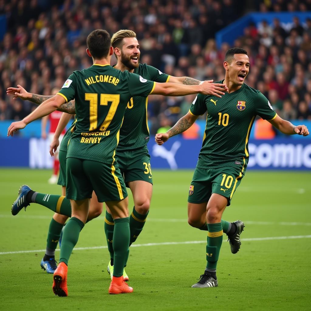 A forward celebrating a goal with his teammates.