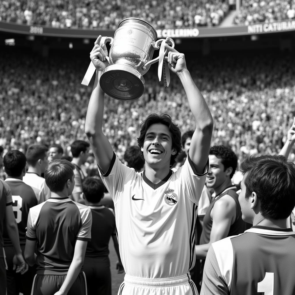 Francisco Gento celebrating with the European Cup trophy