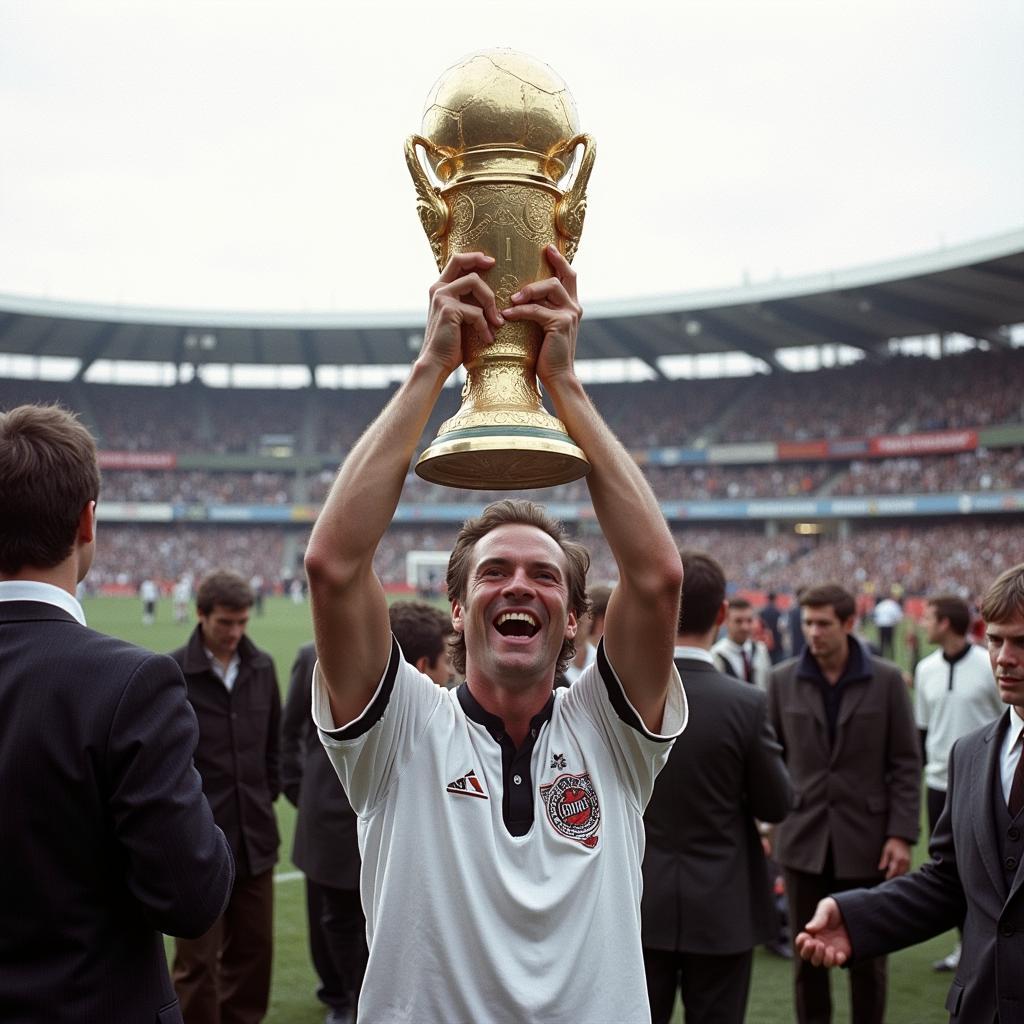 Franz Beckenbauer lifting the World Cup trophy