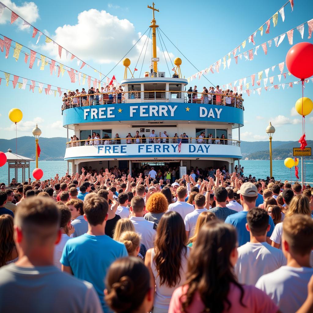 People celebrating Free Ferry Day at the pier