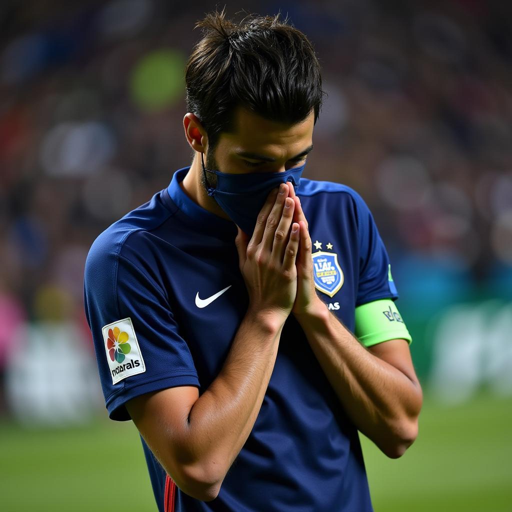 French player dejected after scoring an own goal