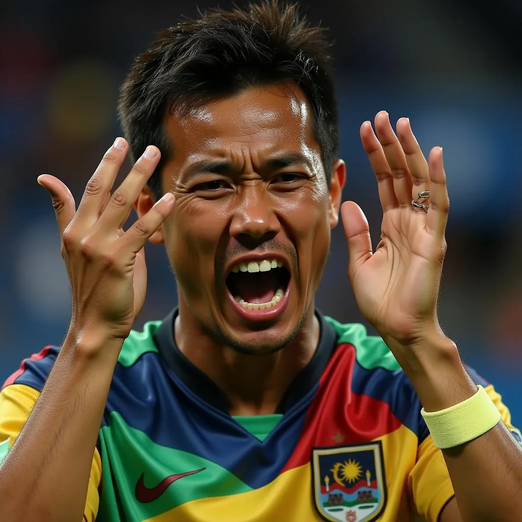 A frustrated Malaysian football player gestures animatedly towards the referee after a controversial decision.