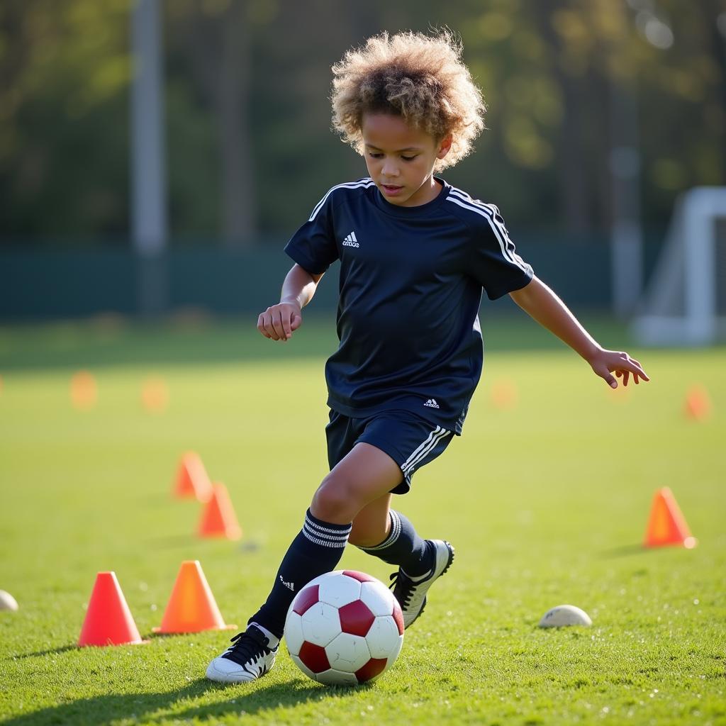 Young footballer practicing fundamental skills