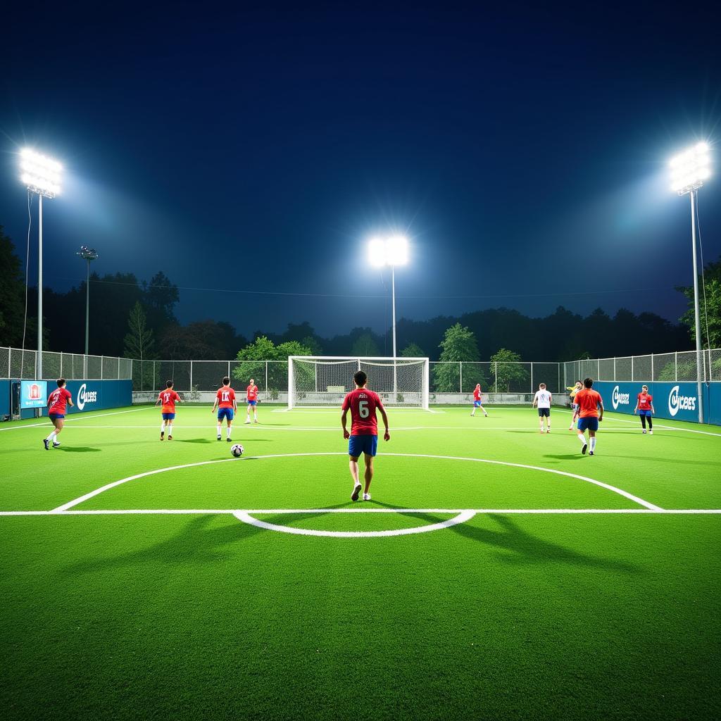 Modern futsal field in Thu Duc City with players in action.