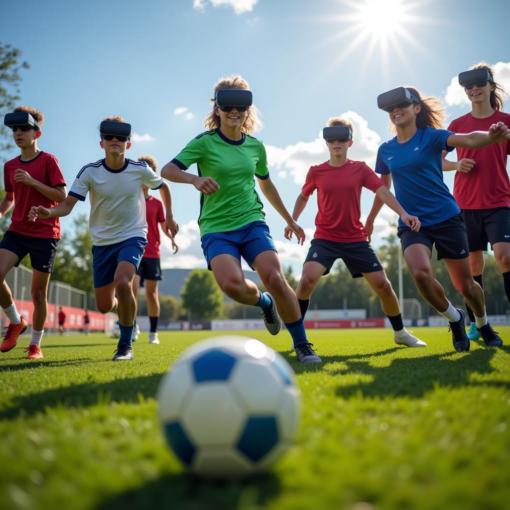 A diverse group of young footballers training with VR headsets, emphasizing the integration of technology in the sport.