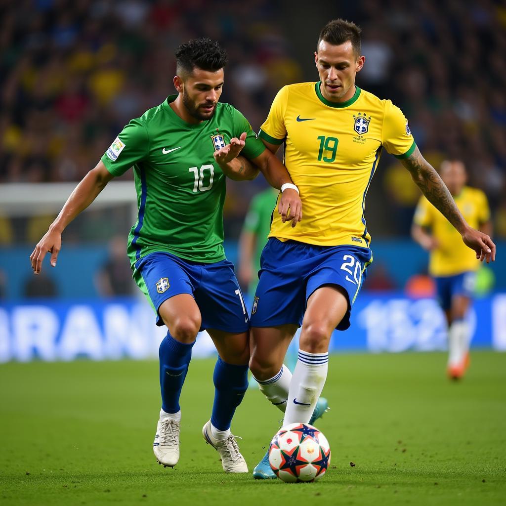 Gabriel and Haaland battle for possession in an international match