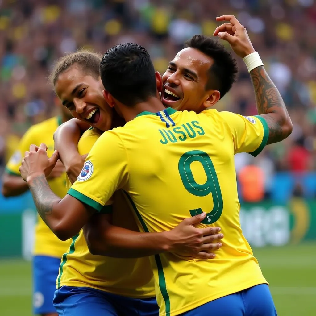 Gabriel Jesus celebrating a goal in the number 9 Brazil jersey