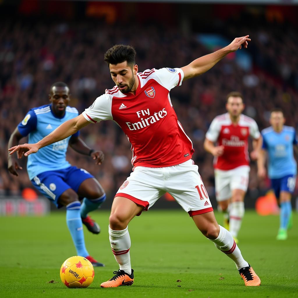 Gabriel Magalhães makes a defensive clearance for Arsenal.