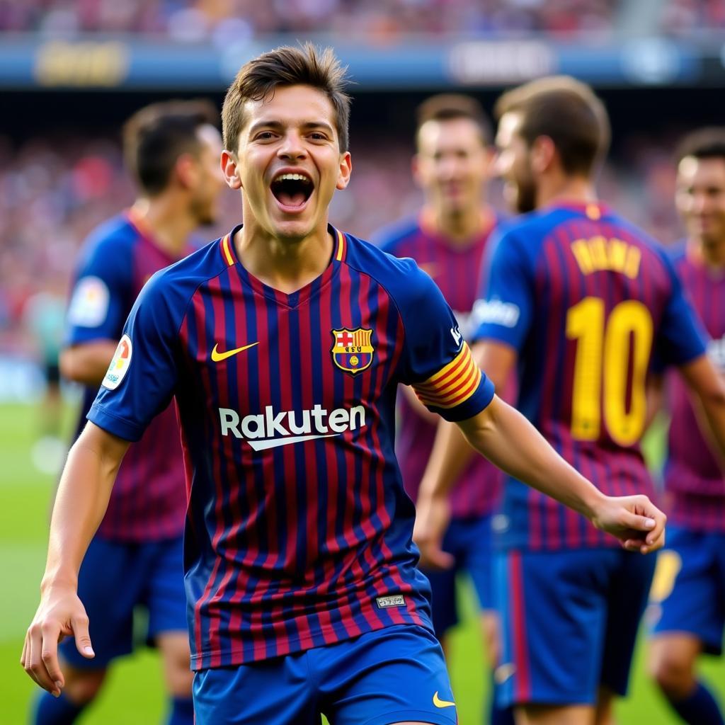 Gavi celebrating a victory with his Barcelona teammates.