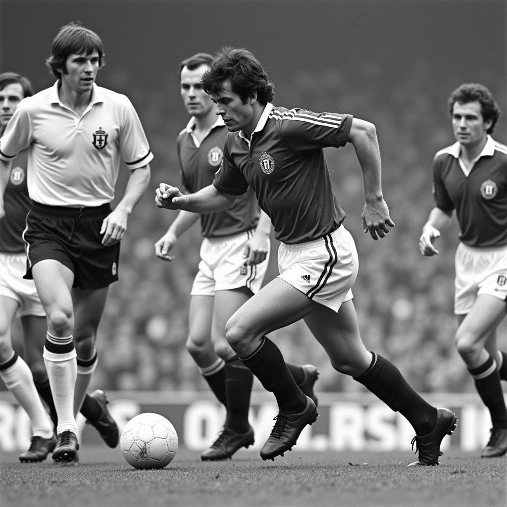 George Best dribbling past opponents.