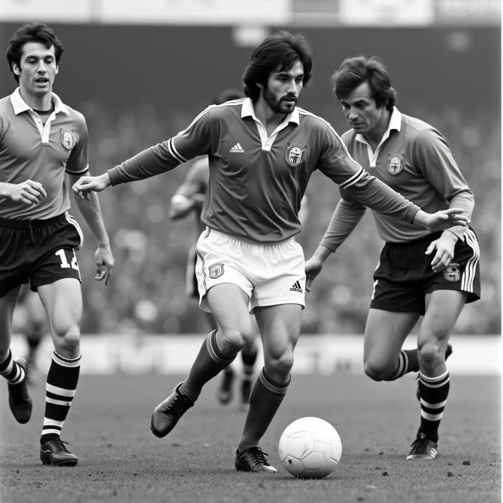 George Best dribbling past opponents