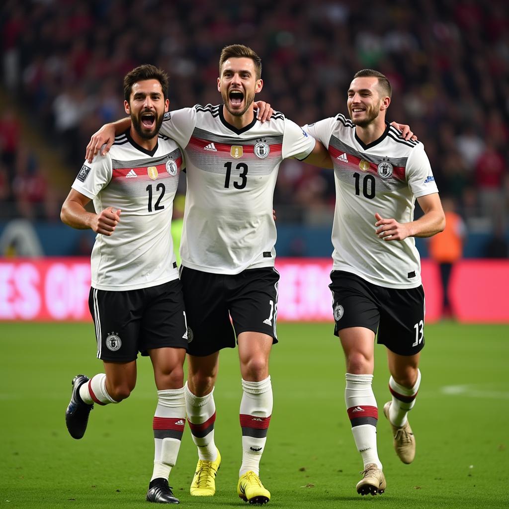 A German football player celebrates scoring a goal with teammates