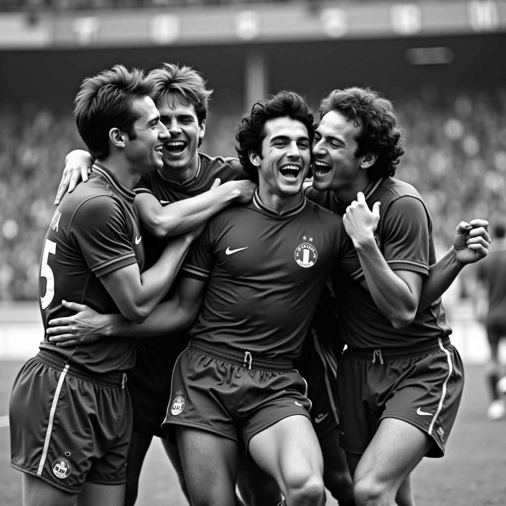 Giuseppe Meazza celebrates a goal for Italy with his teammates