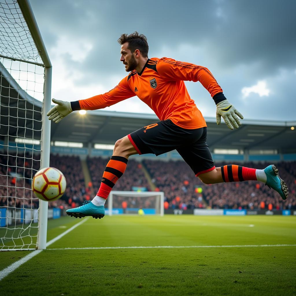 Goalkeeper in contrasting kit making a save