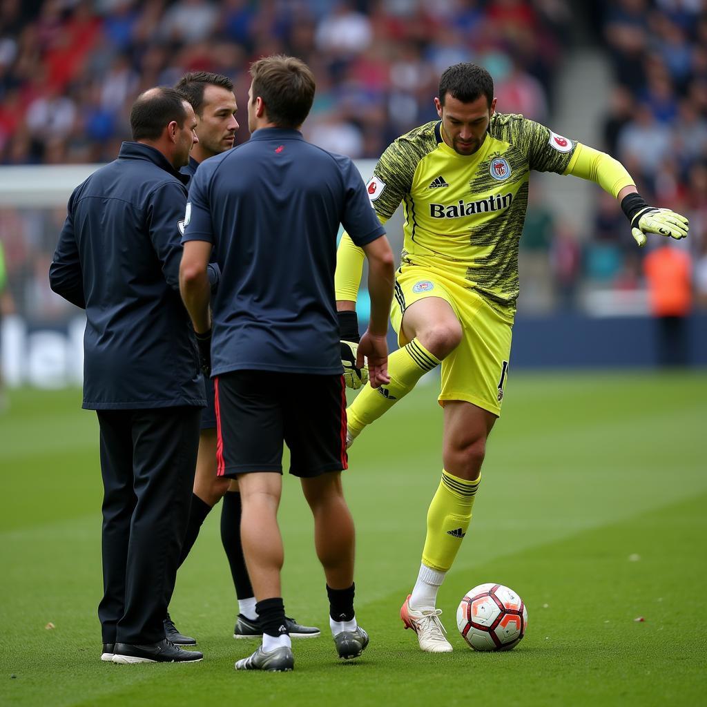 Goalkeeper receiving medical attention after being kicked