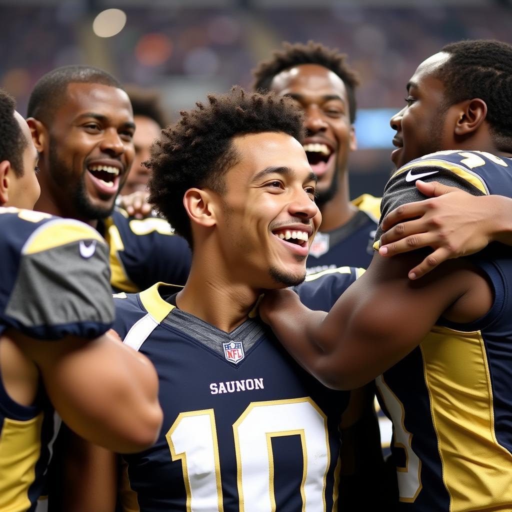 A young football player celebrates a goal with his teammates, the joy and excitement palpable on their faces