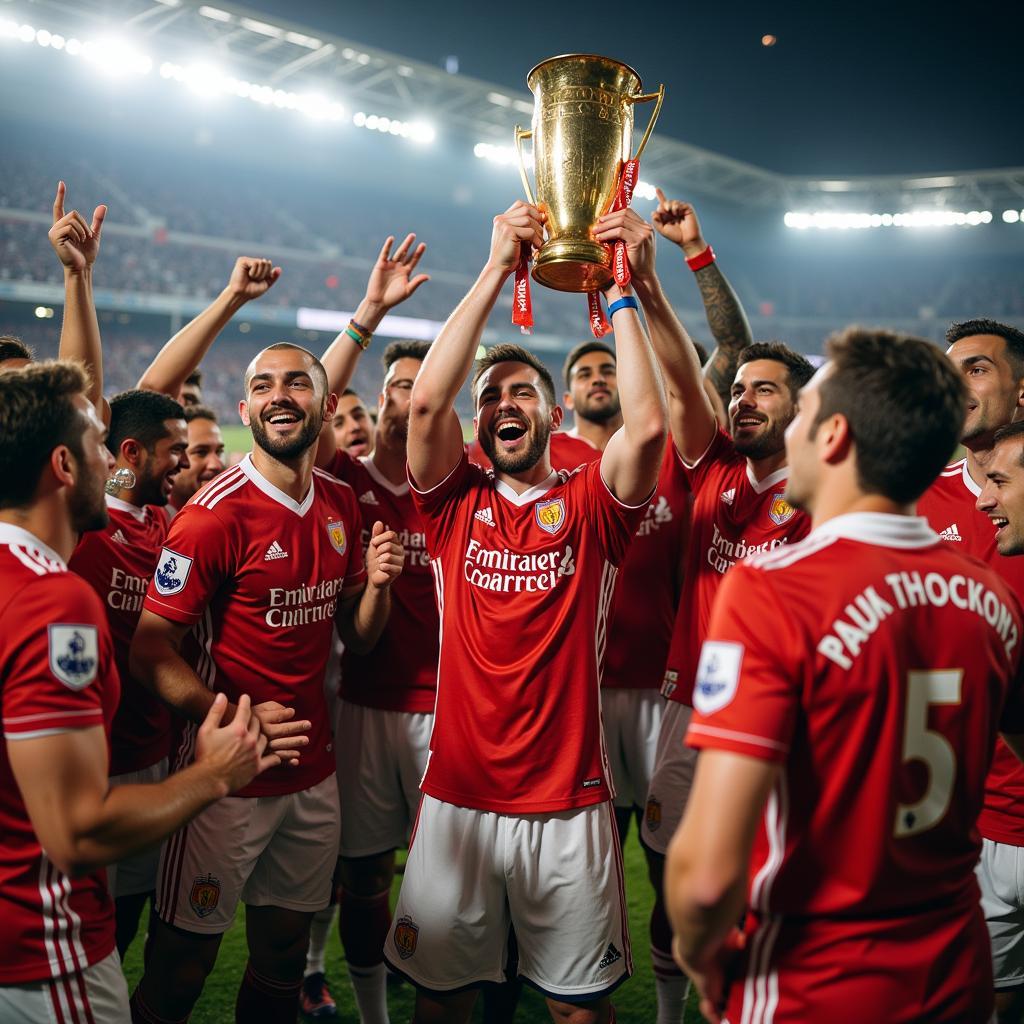 Top Football Players Celebrating with a Trophy