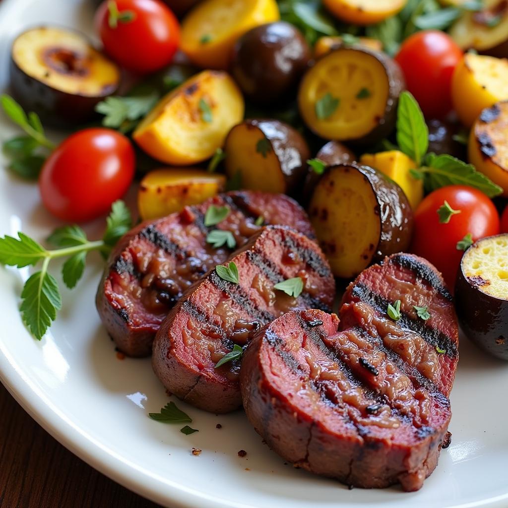 A plate of grilled cow heart with vegetables