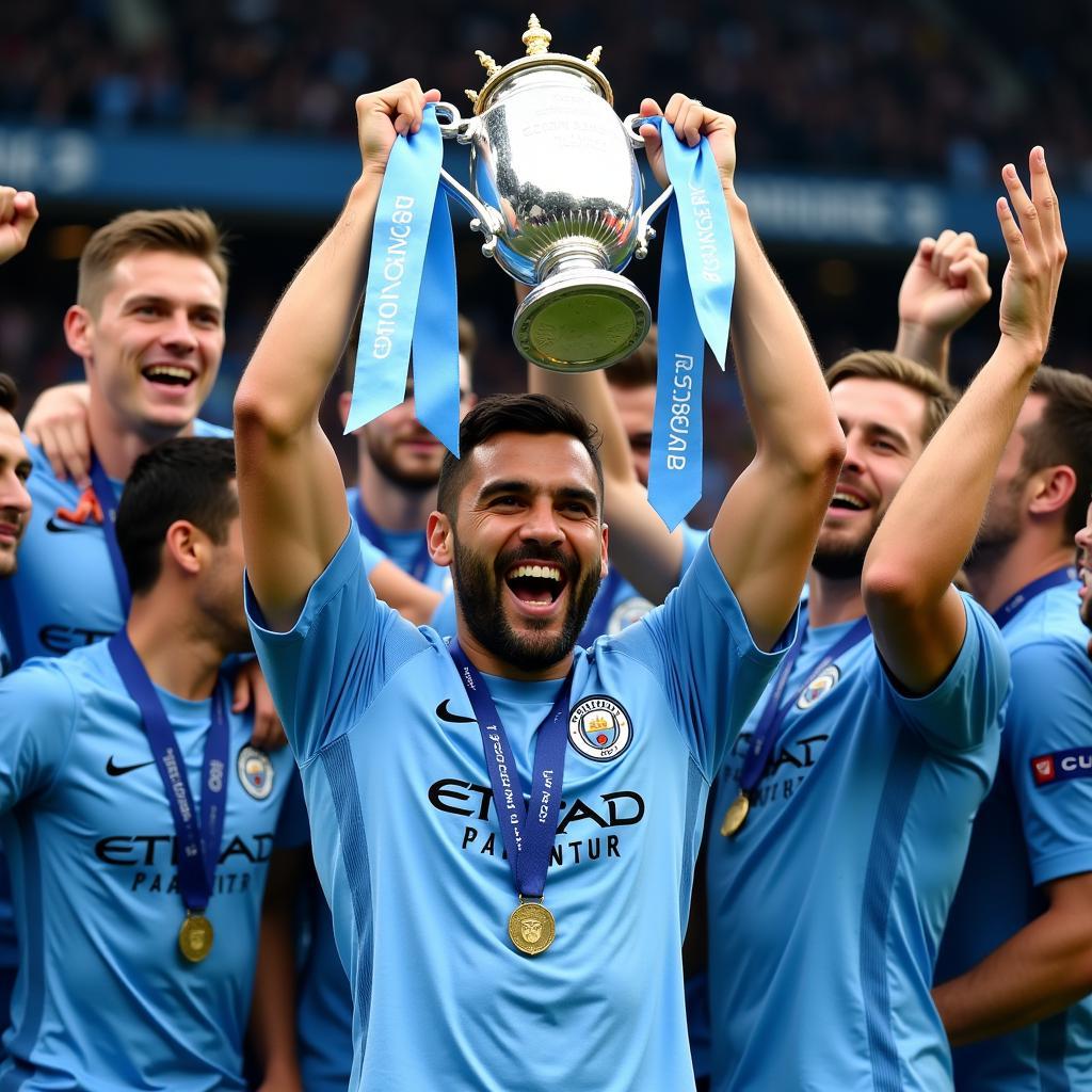 Gundogan lifting the Premier League trophy as Manchester City captain