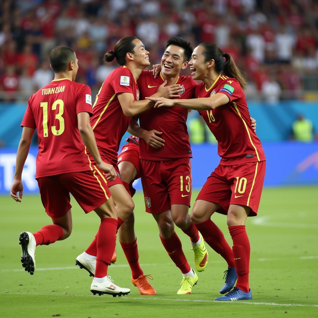 Ha Minh Tuan celebrating a goal with his teammates