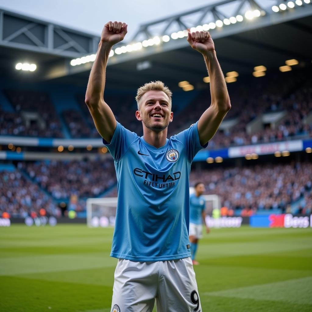 Erling Haaland acknowledging the crowd after scoring a hat-trick