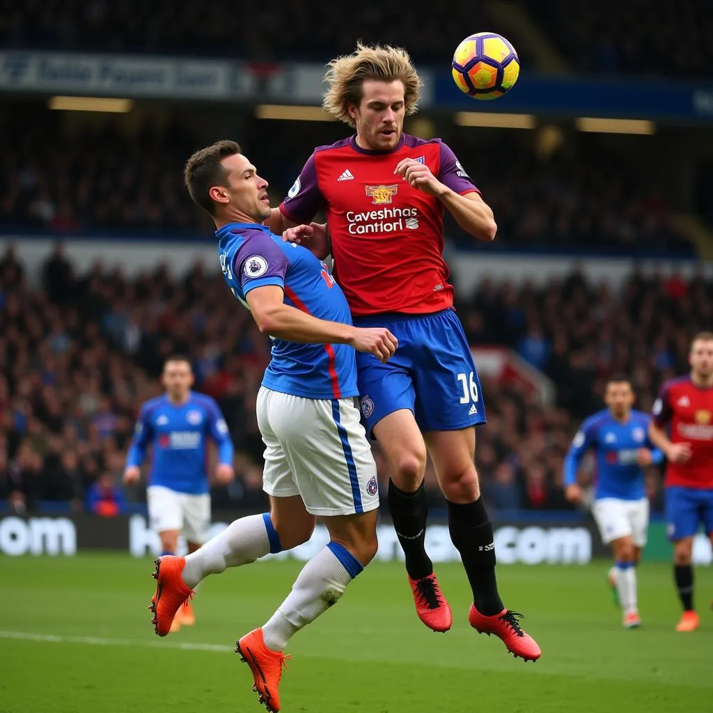 Erling Haaland contesting an aerial ball against a Crystal Palace defender