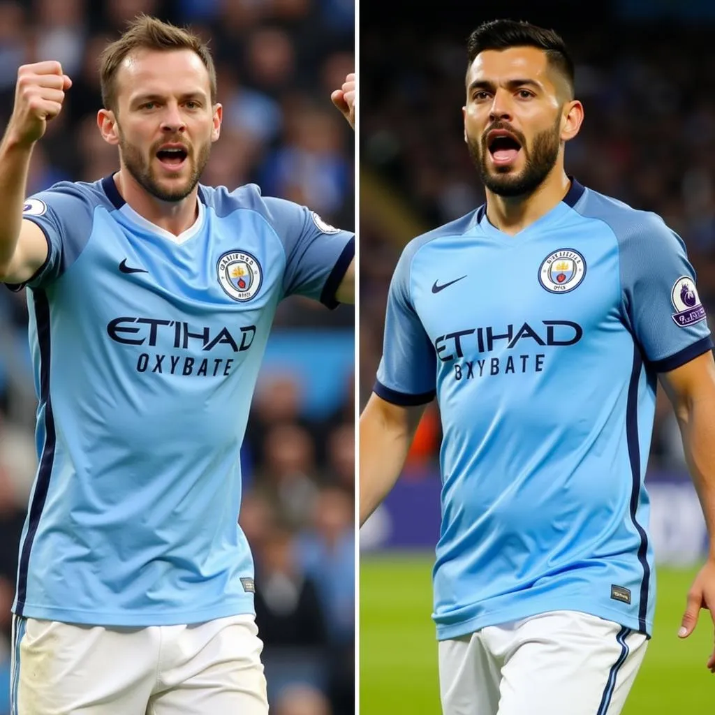 Haaland and Agüero celebrating in Manchester City shirts