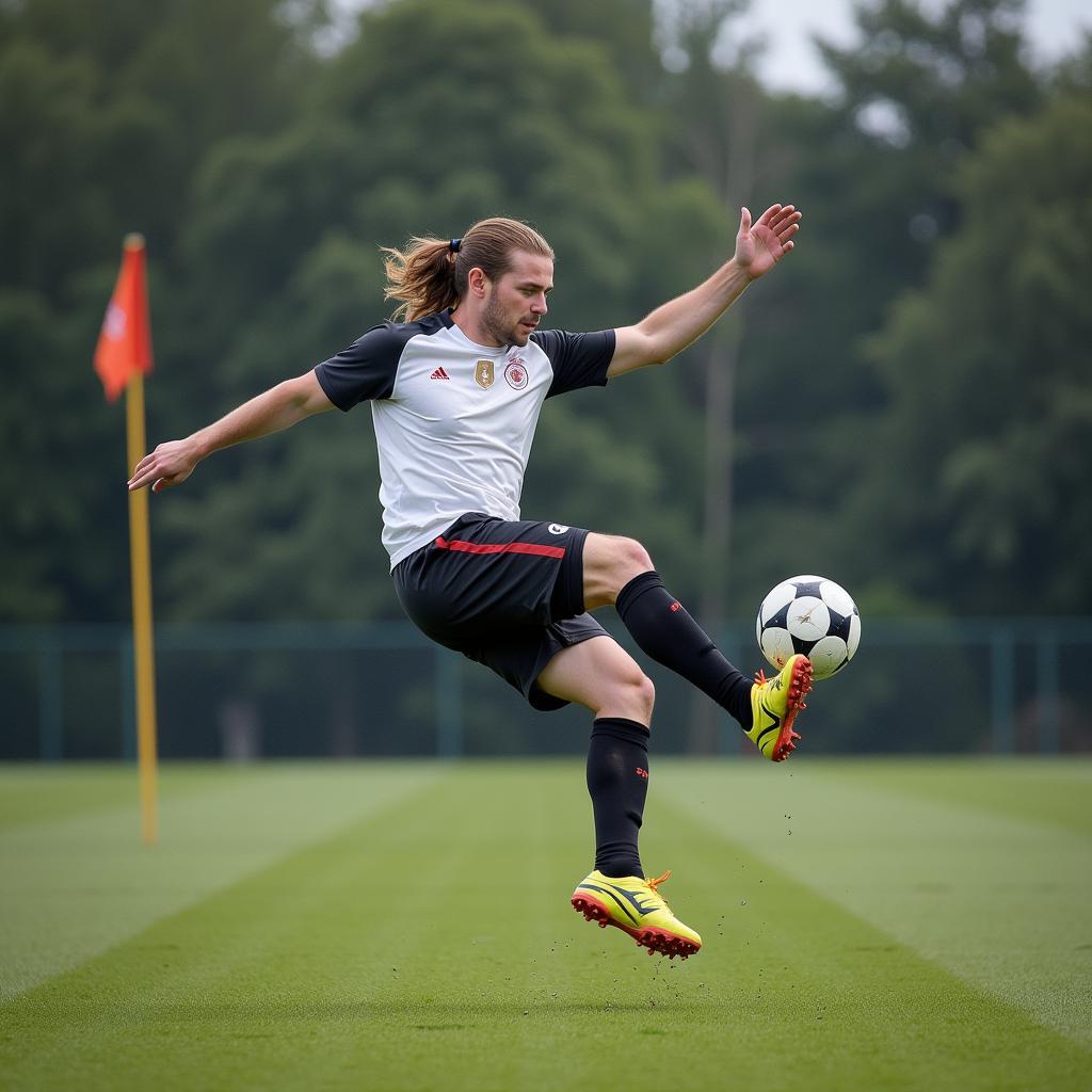 Erling Haaland executing a scissor kick in mid-air