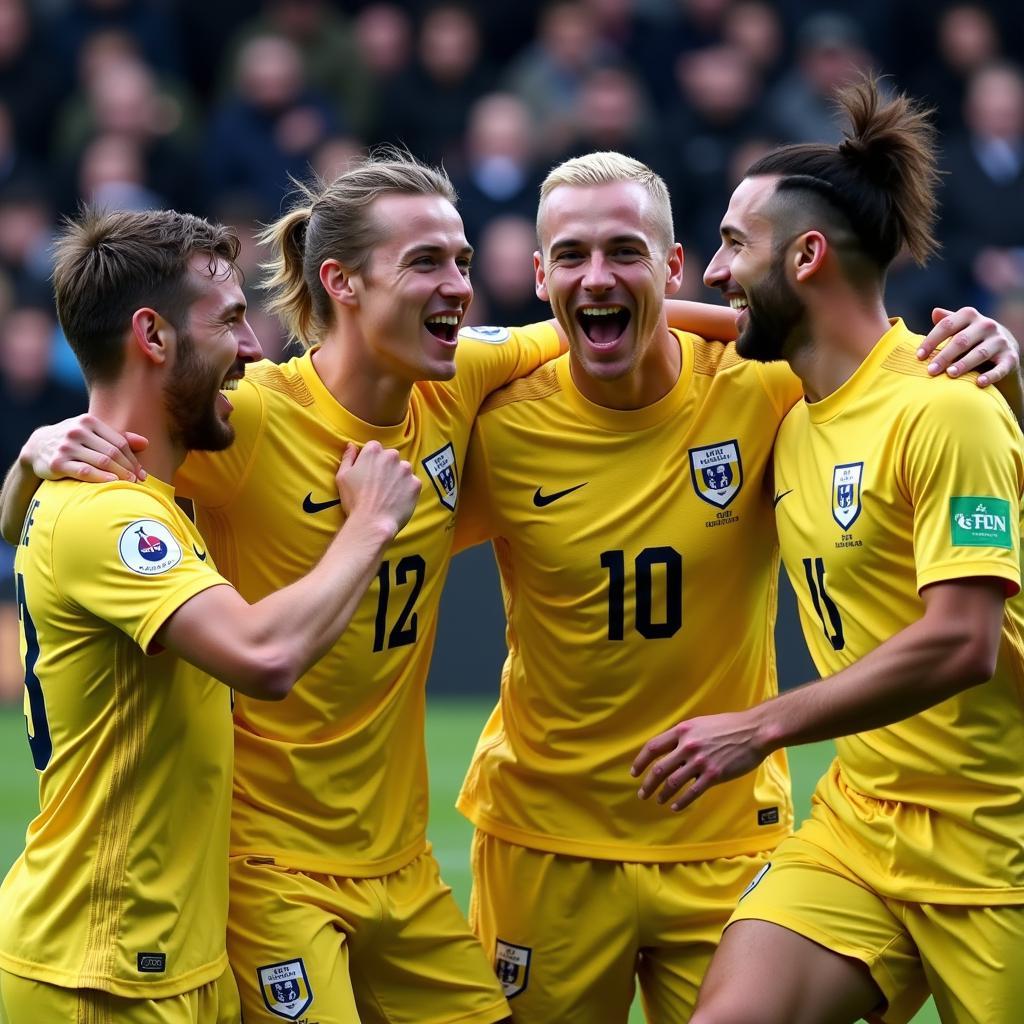 Haaland celebrates a goal with his Manchester City Teammates