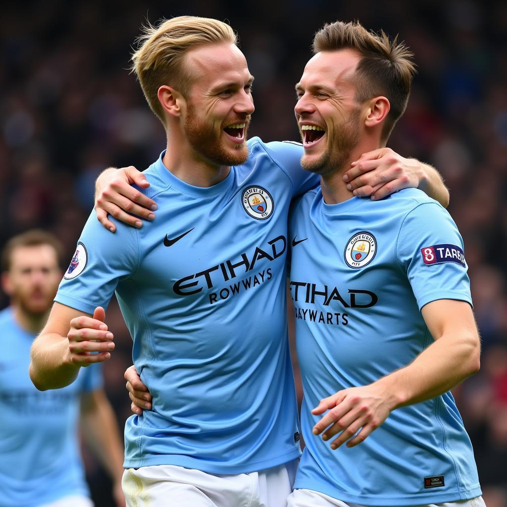 Haaland and De Bruyne celebrate a goal 