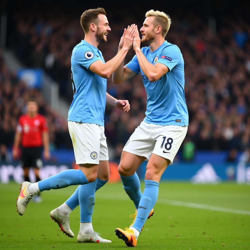 Kevin De Bruyne and Erling Haaland celebrate a goal