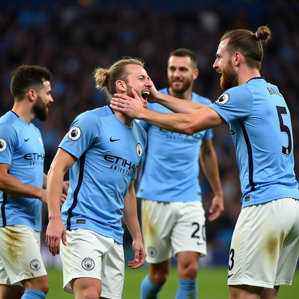 Haaland and De Bruyne celebrate a goal together