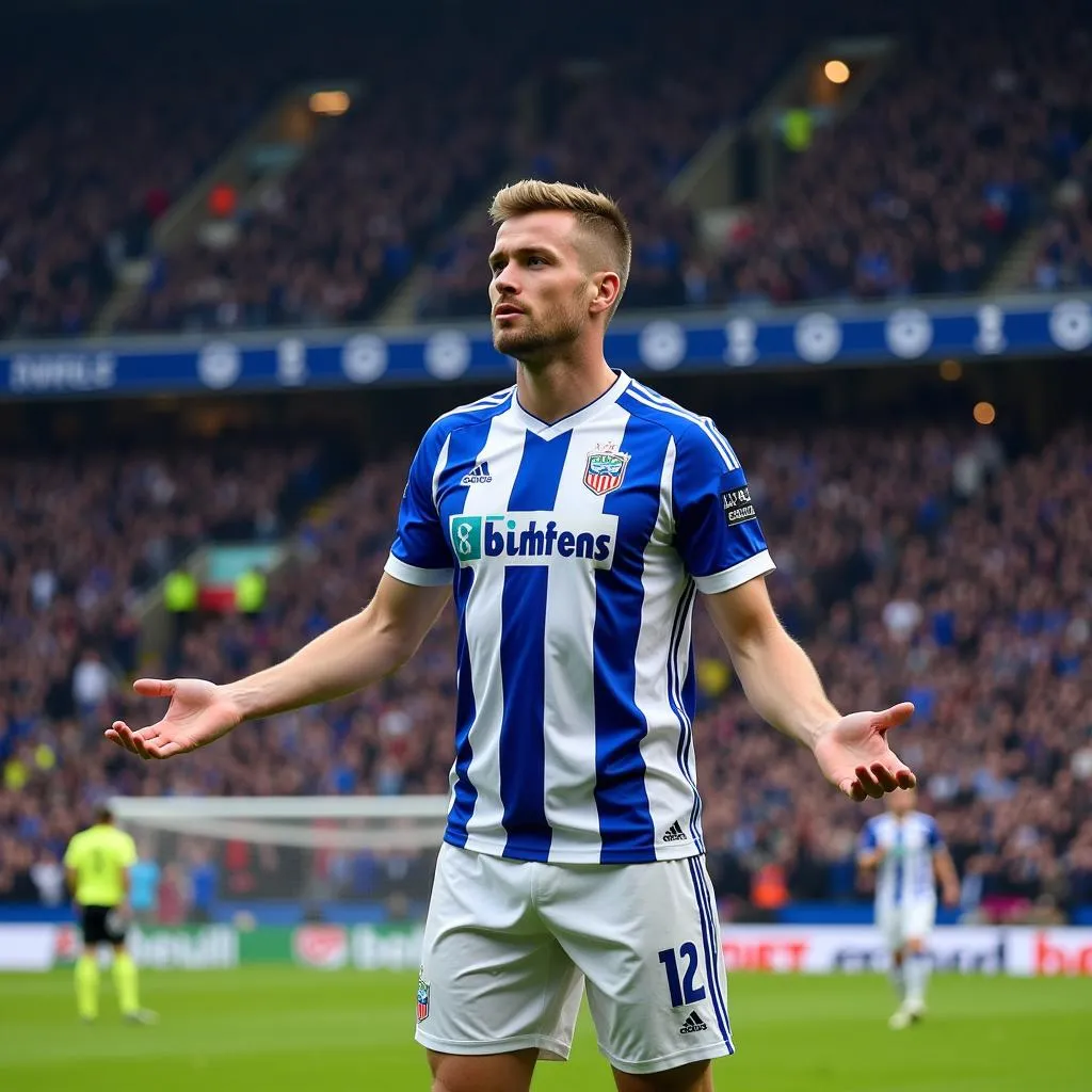 Erling Haaland celebrates a goal in a hypothetical Bochum jersey.