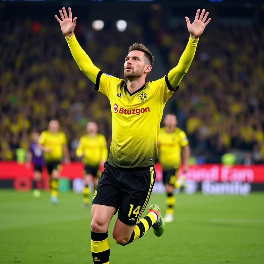 Haaland celebrates a goal in the iconic yellow jersey of Borussia Dortmund