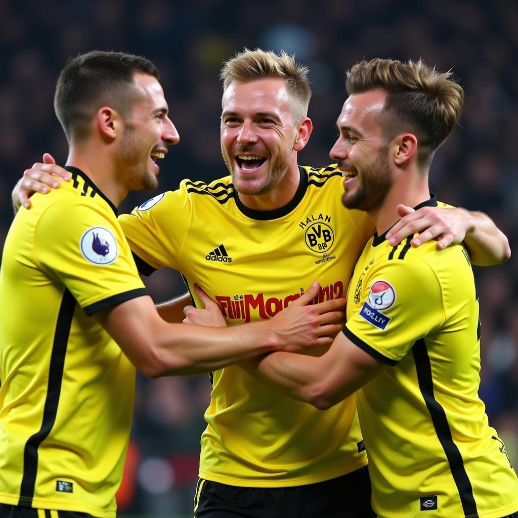 Haaland celebrating a goal with Dortmund teammates