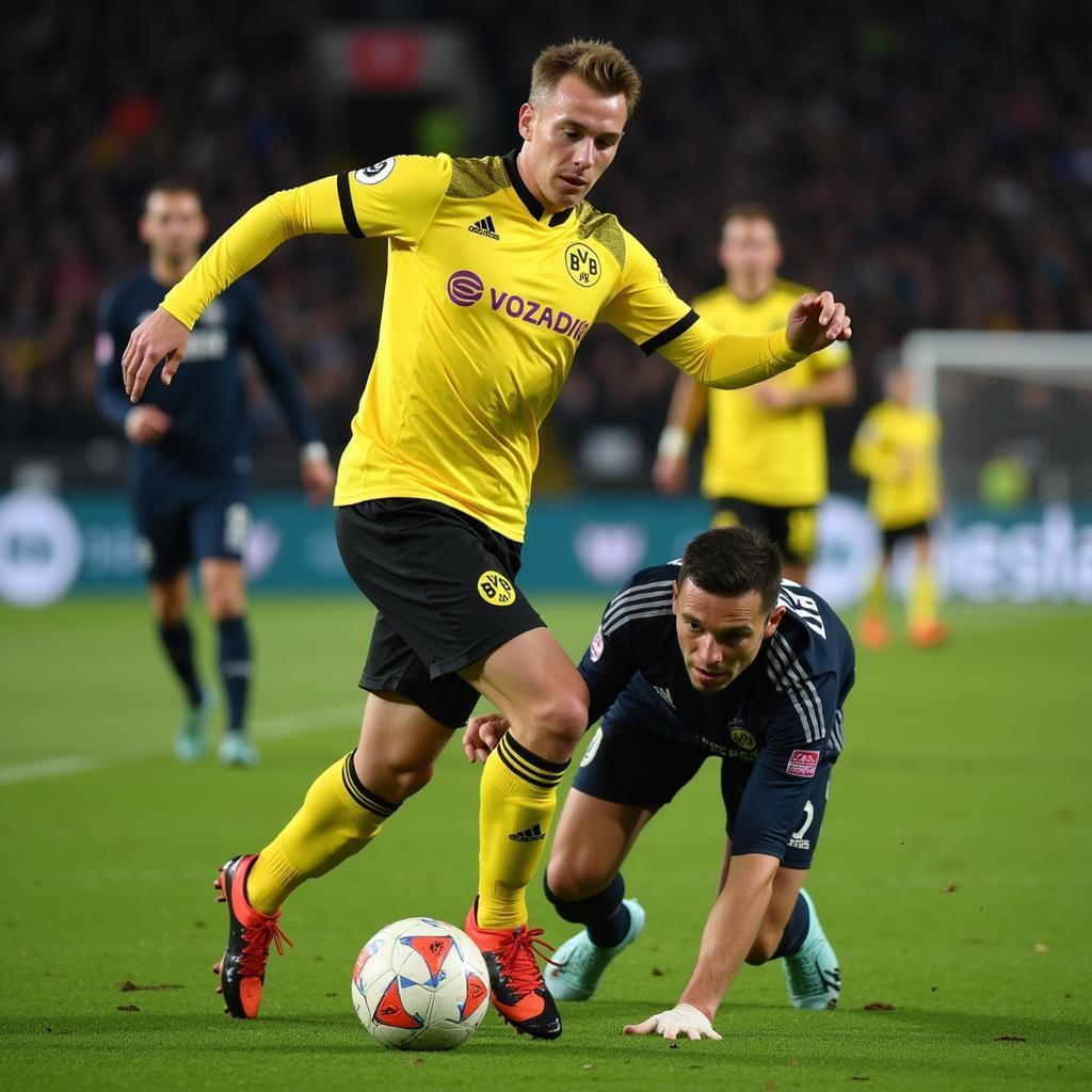 Haaland scores a goal for Borussia Dortmund in a Bundesliga match.