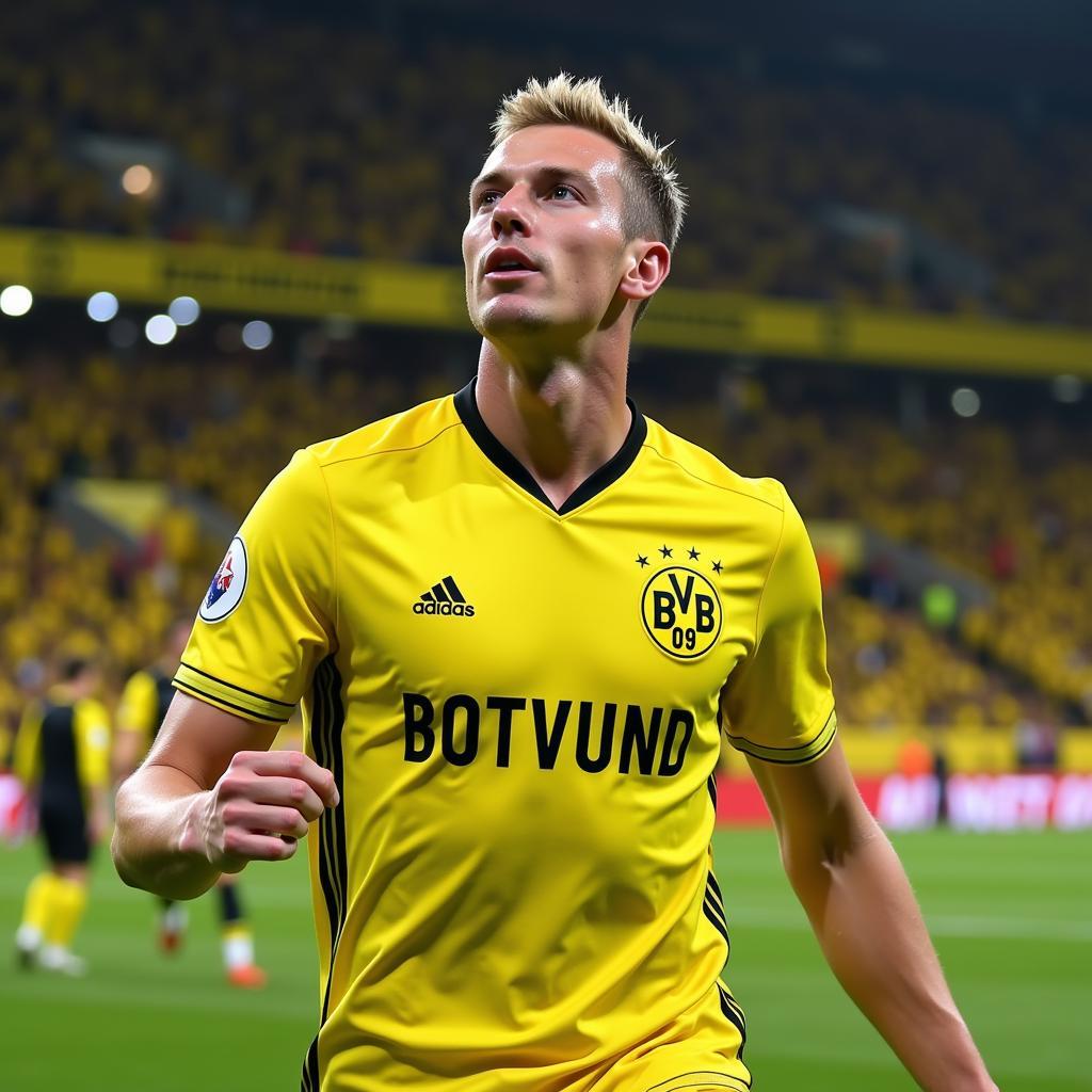 Haaland performing the buzzer celebration in a Borussia Dortmund kit