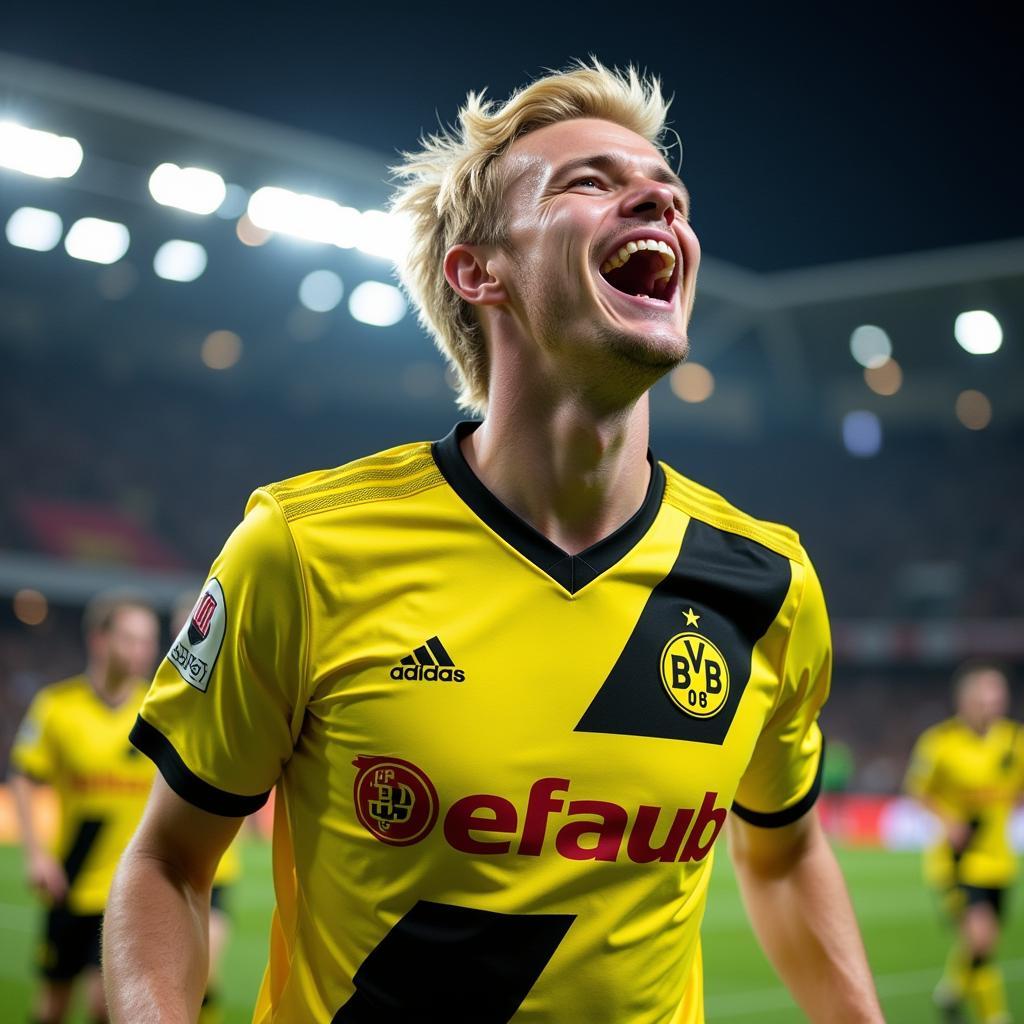 Erling Haaland celebrating a goal in his BVB shirt