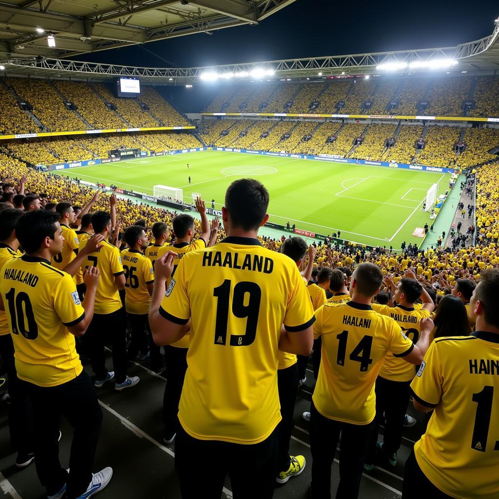 Borussia Dortmund fans wearing Haaland jerseys