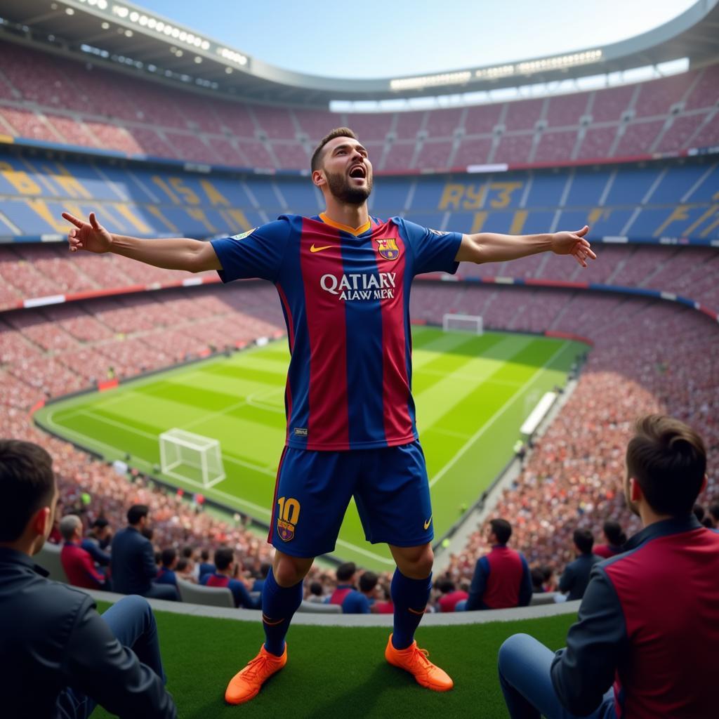 Haaland celebrating a goal at Camp Nou