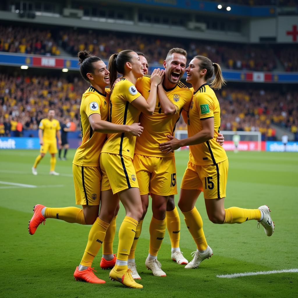 Erling Haaland celebrates a goal with his teammates, showcasing team spirit