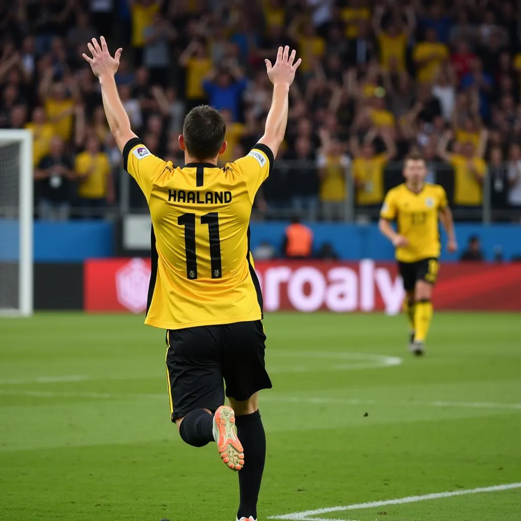 Erling Haaland celebrates after scoring a penalty against Sevilla.