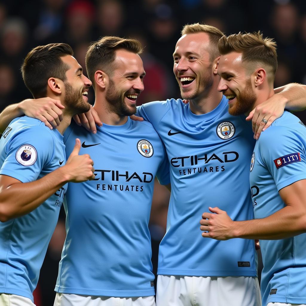 Haaland celebrates a victory with his Man City teammates.