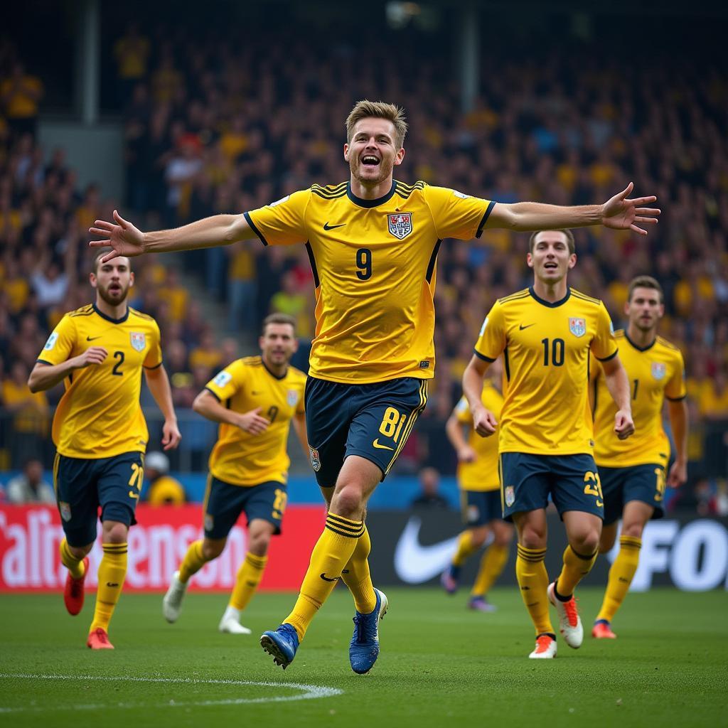 Erling Haaland celebrates scoring a goal with his teammates