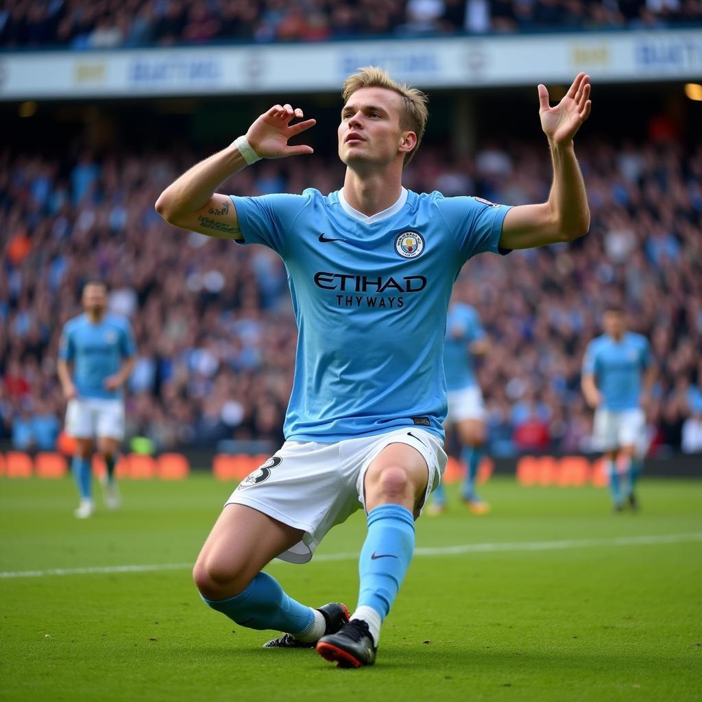 Haaland celebrates a goal with Manchester City.